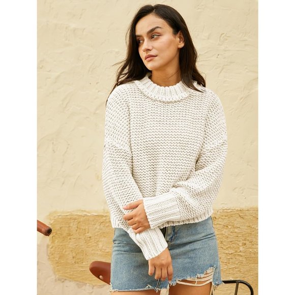 Women's Crewneck Chunky Knit  Batwing Long Sleeve Loose Pullover Sweaters Tops - Picture 3 of 6